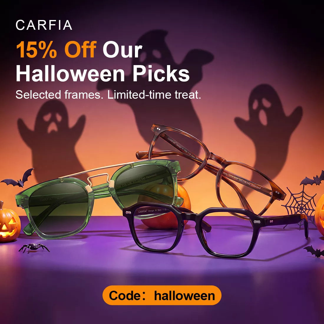 Carfia Halloween promotion with eyeglasses, ghosts and pumpkins, advertising 15% off selected frames with code halloween