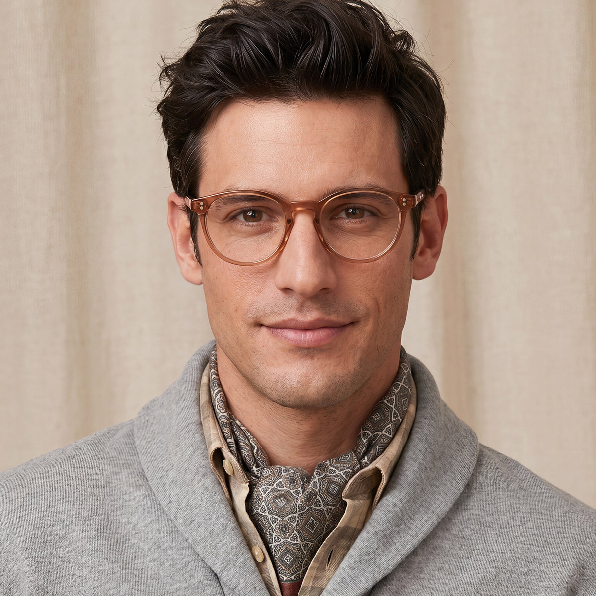 Man wearing glasses and a gray coat CARFIA Vinyl FC02 Crystal Brown Round Acetate Eyeglasses handmade eyewear