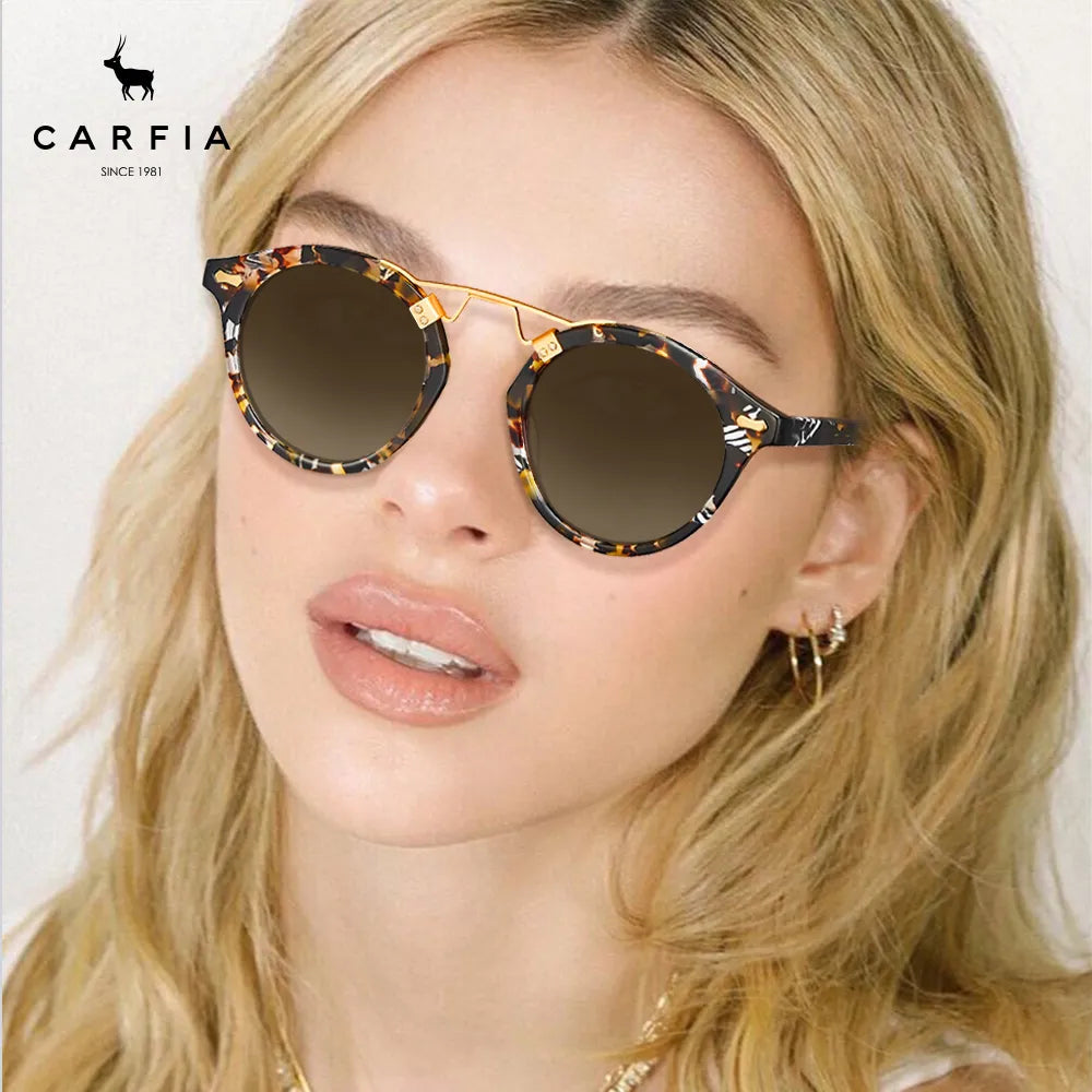 Carfia AvonPark-C03 Tortoise Acetate Round Polarized Sunglasses for Women, Model View