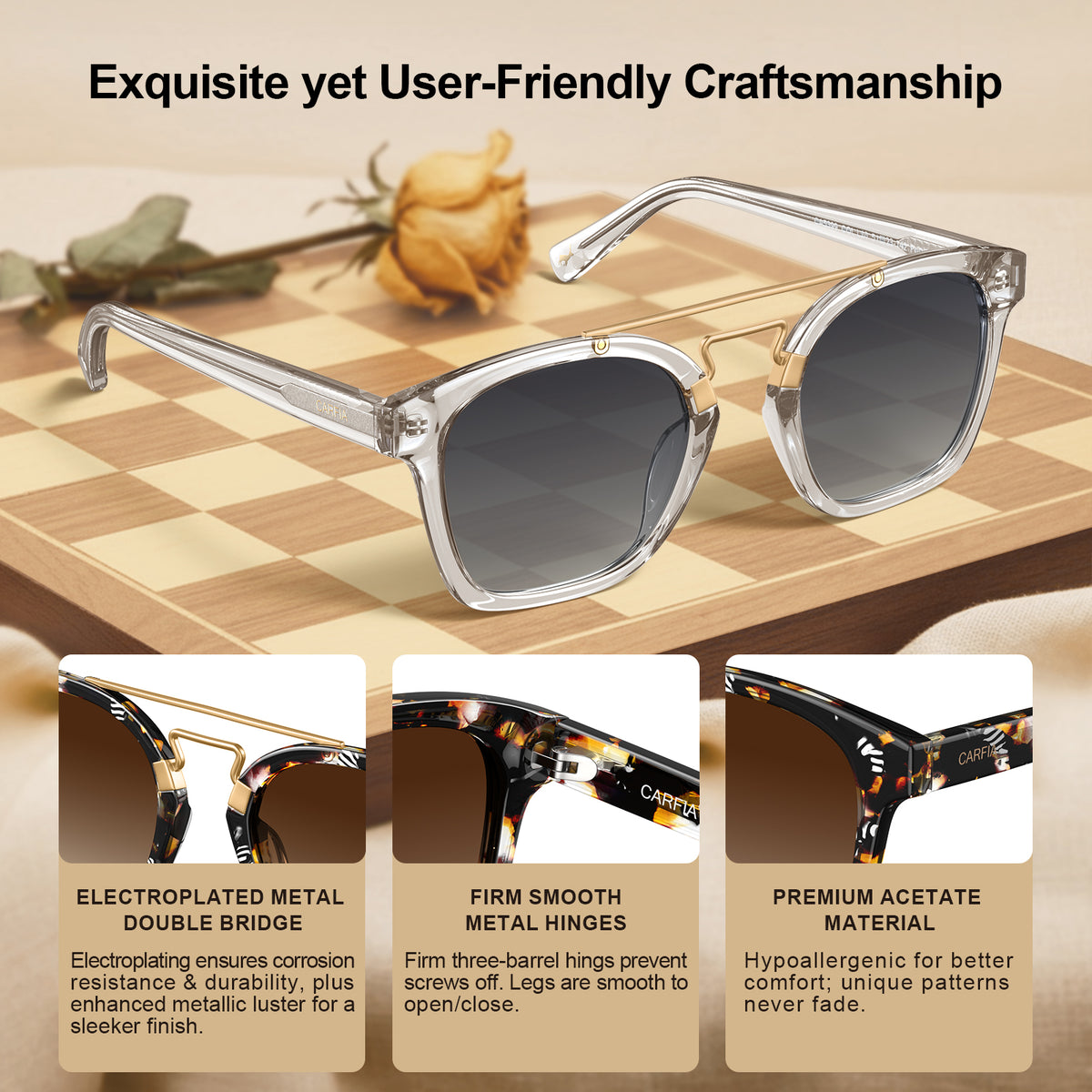Carfia Niloss-C10 Clear Acetate Sunglasses for Women, Three-Quarter View