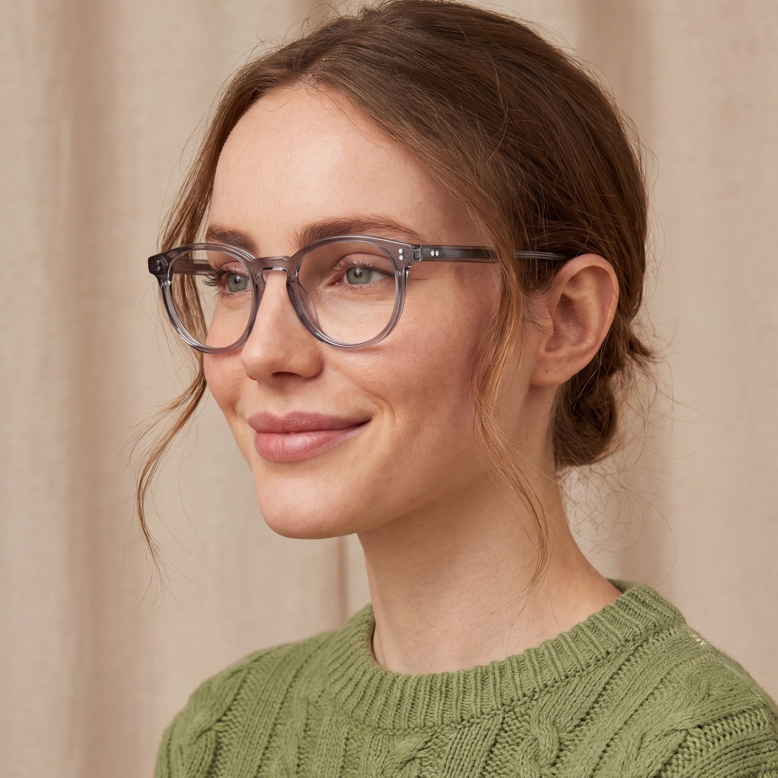 Woman wearing glasses CARFIA Vinyl FC04 Crystal Grey Round Acetate Eyeglasses women eyewear