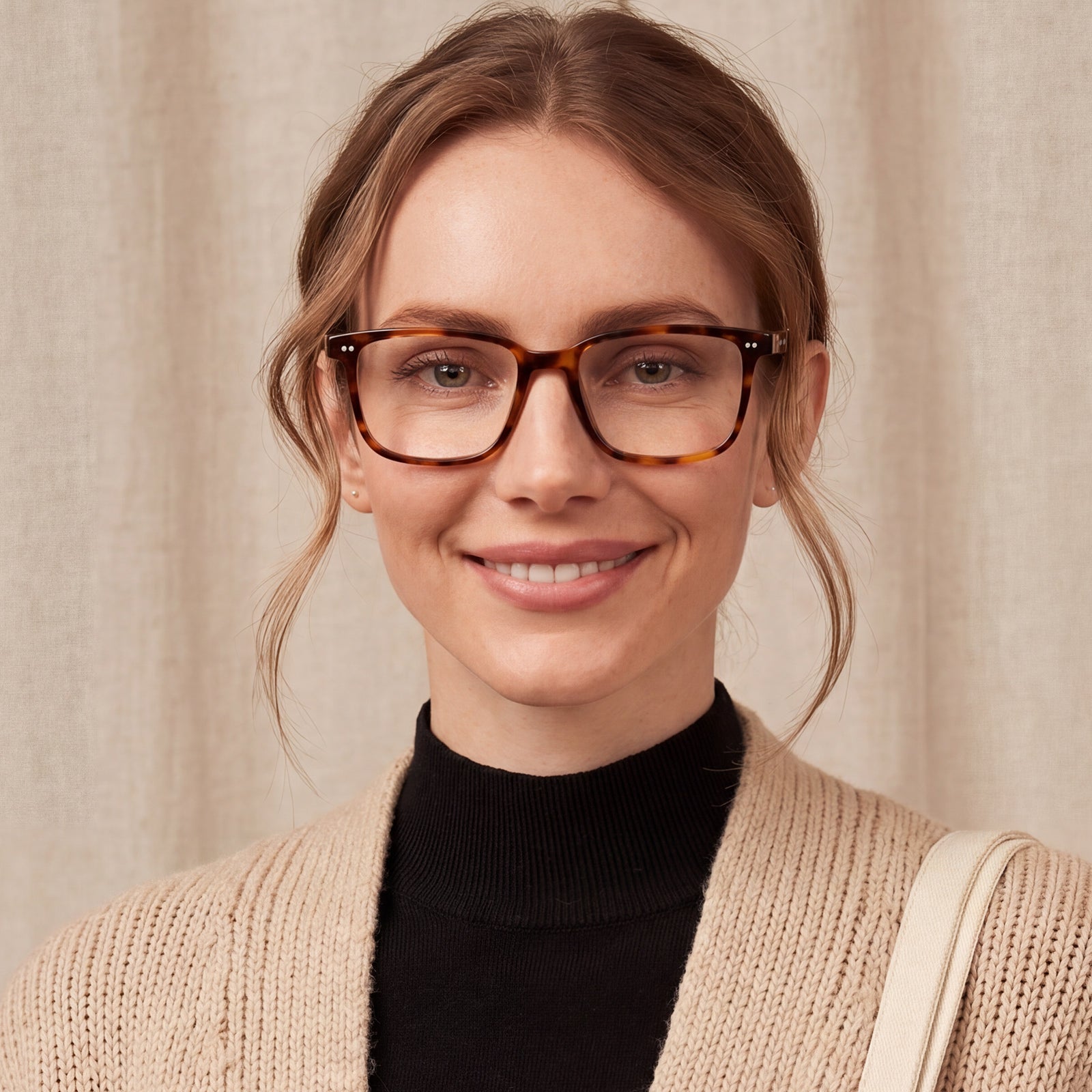 Woman wearing glasses with a neutral background Timeless Tortoiseshell CARFIA Martia Square Eyeglasses 