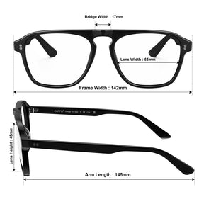 Black acetate eyeglasses frame size chart 142mm width 55mm lens 17mm bridge