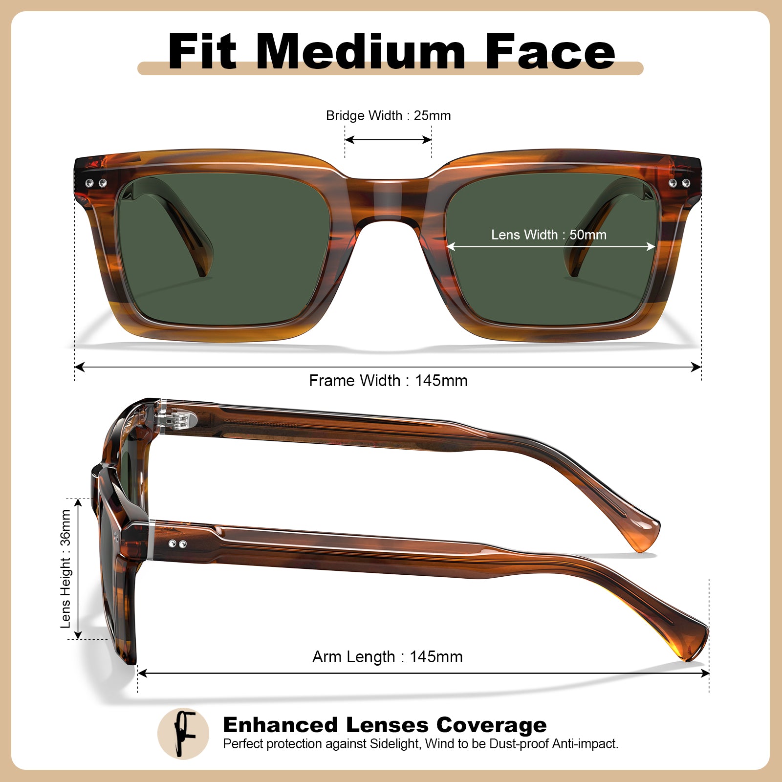 A fit guide diagram for medium-sized square sunglasses, showing front and side views with labeled measurements for bridge width, lens width, frame width, lens height, and arm length. The frames are tortoiseshell brown with dark green lenses, and text highlights enhanced lens coverage.