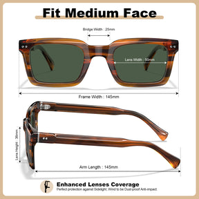 A fit guide diagram for medium-sized square sunglasses, showing front and side views with labeled measurements for bridge width, lens width, frame width, lens height, and arm length. The frames are tortoiseshell brown with dark green lenses, and text highlights enhanced lens coverage.