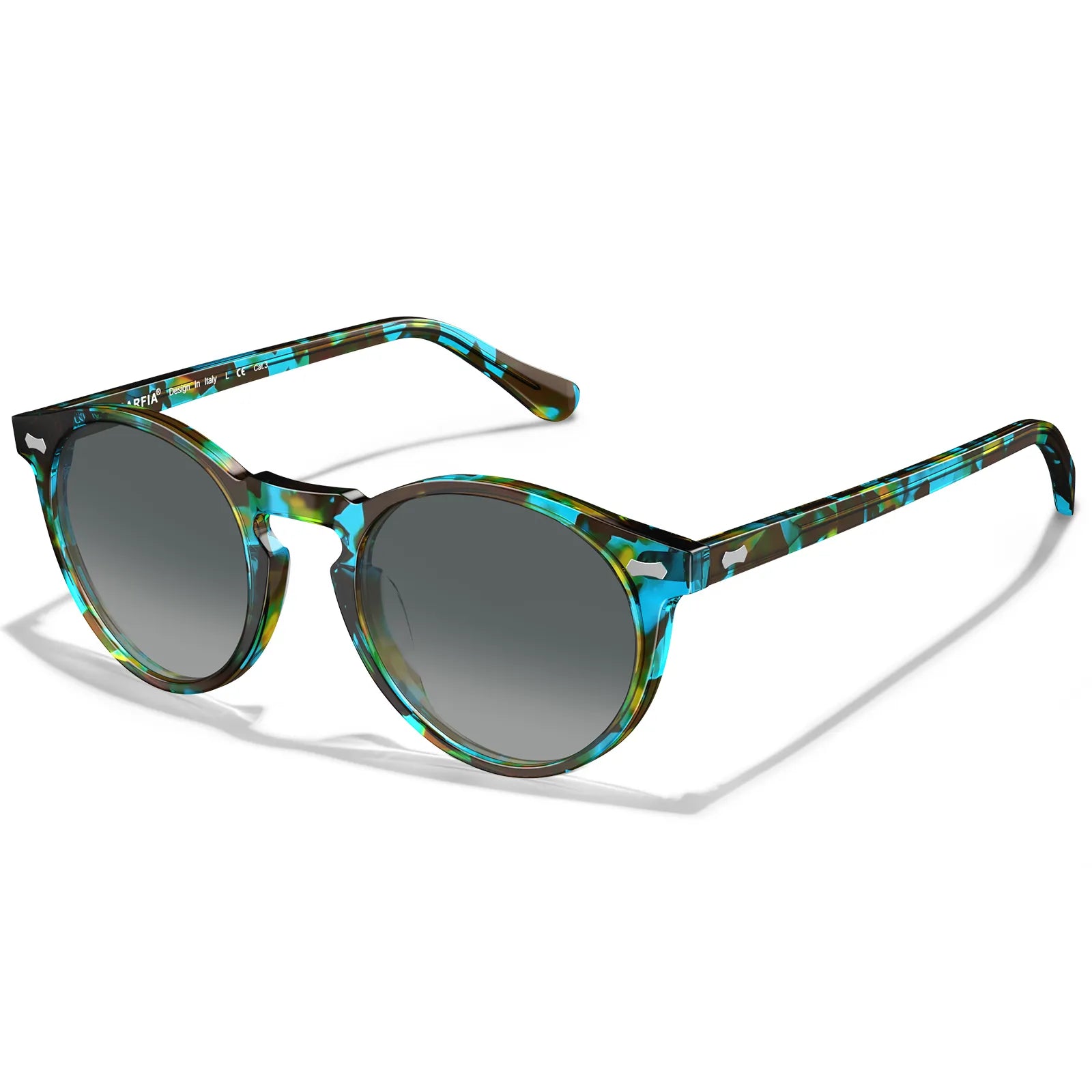 A pair of round full-rim sunglasses with blue tortoise pattern on the frame and dark lenses.