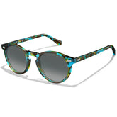 A pair of round full-rim sunglasses with blue tortoise pattern on the frame and dark lenses.