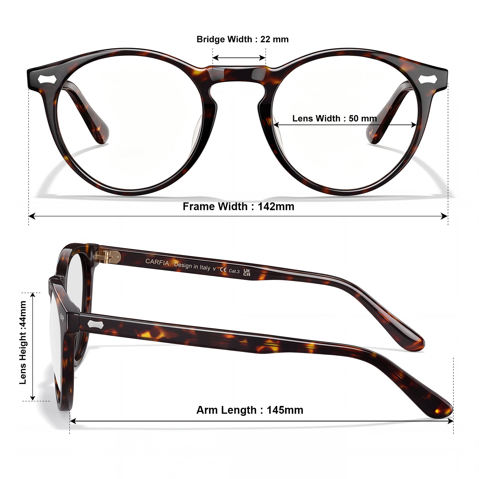 Front and side views of round tortoiseshell eyeglasses with overlaid dimension labels for bridge width, lens width, frame width, lens height, and arm length on a white background.