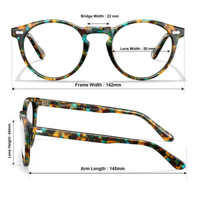 Glasses frame dimensions diagram showing two views of a round tortoiseshell eyeglass frame with measurements for bridge width, lens width, frame width, lens height, and arm length on a white background.
