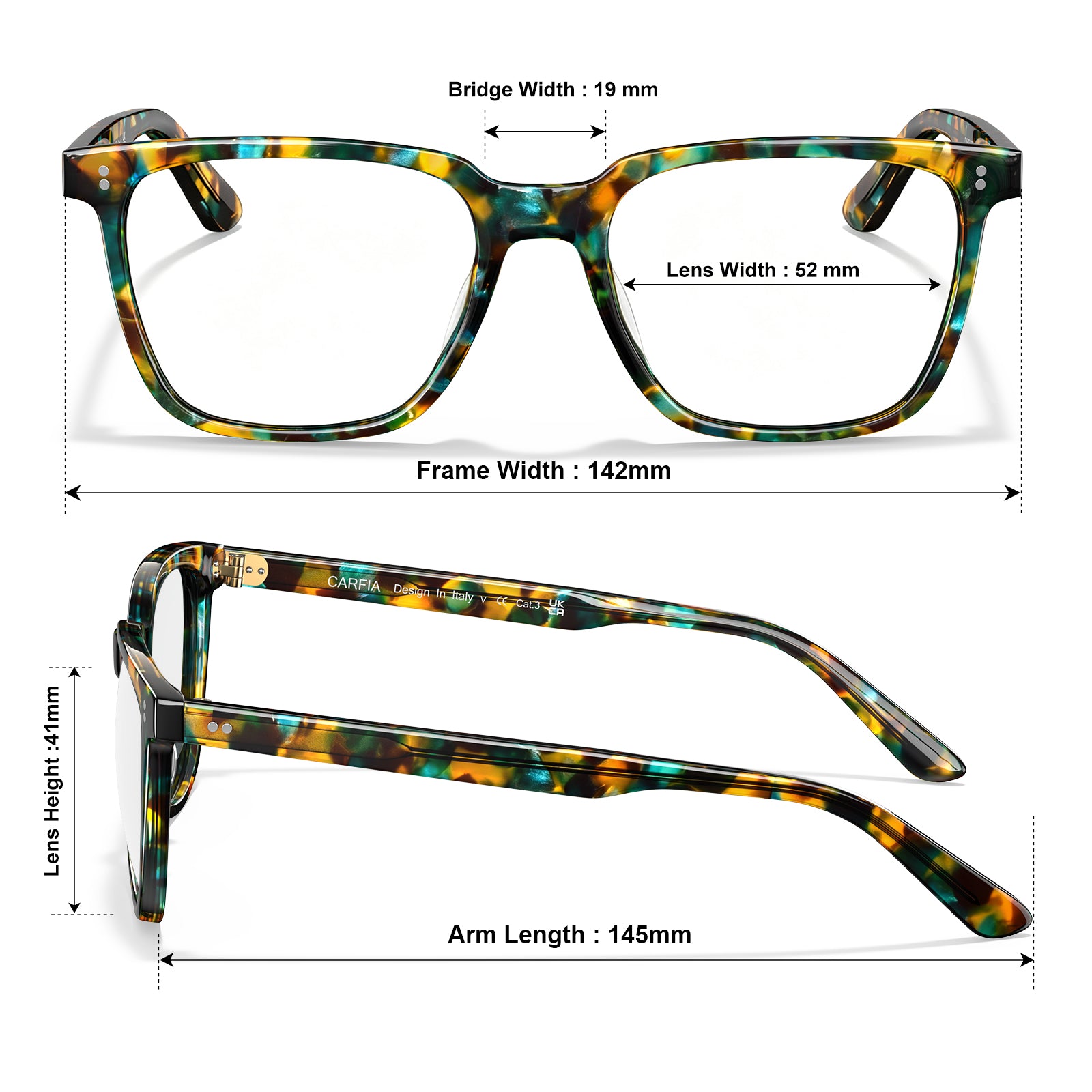 Front and side views of square eyeglasses with a tortoiseshell pattern in green, yellow, and brown, overlaid with dimension labels for bridge width, lens width, frame width, lens height, arm length, and temple width on a white background.