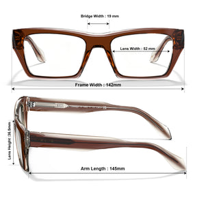 Front and side views of translucent brown eyeglass frames with overlaid dimension labels for bridge width, lens width, frame width, lens height, and arm length on a white background.
