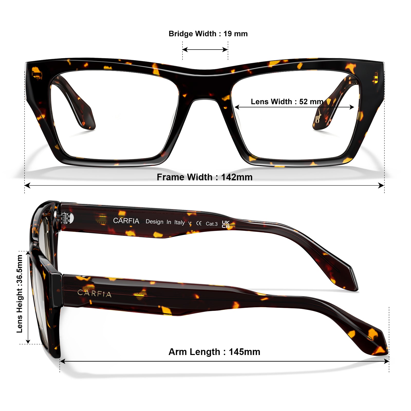 Front and side views of square tortoiseshell eyeglasses with overlaid dimension labels for bridge width, lens width, frame width, lens height, arm length, and brand text CARFIA visible on the temples.