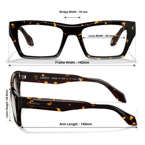 Front and side views of square tortoiseshell eyeglasses with overlaid dimension labels for bridge width, lens width, frame width, lens height, arm length, and brand text CARFIA visible on the temples.