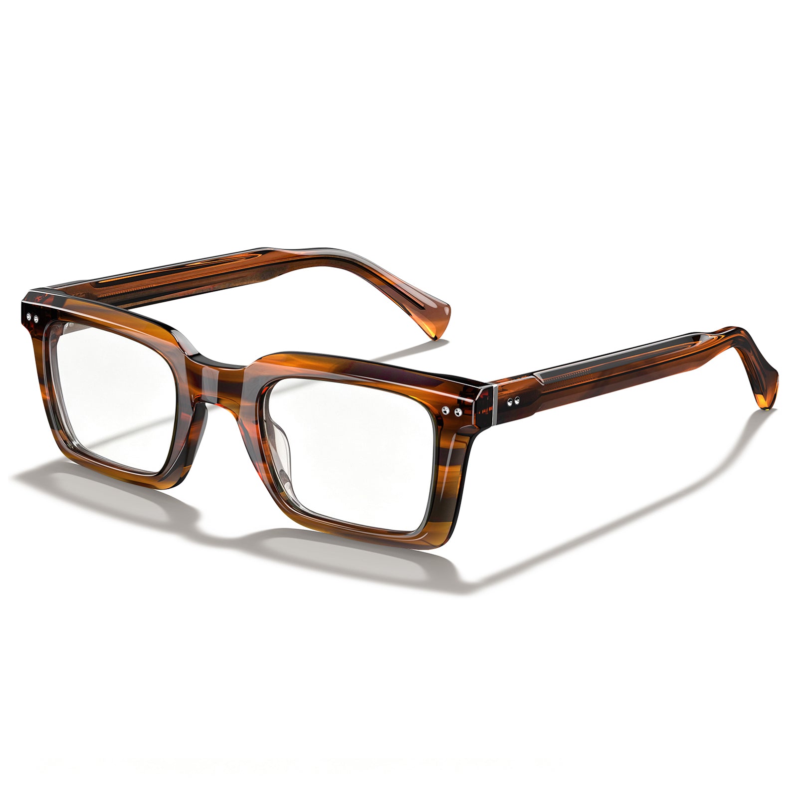A pair of square-framed eyeglasses with a translucent brown and amber tortoiseshell acetate frame and clear lenses