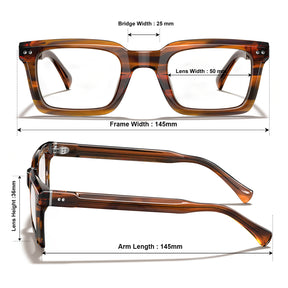 Front and side views of square tortoiseshell eyeglasses with measurement callouts for bridge width, lens width, frame width, lens height