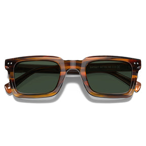 A pair of square sunglasses with a translucent tortoiseshell frame in brown and amber tones, featuring dark green lenses.