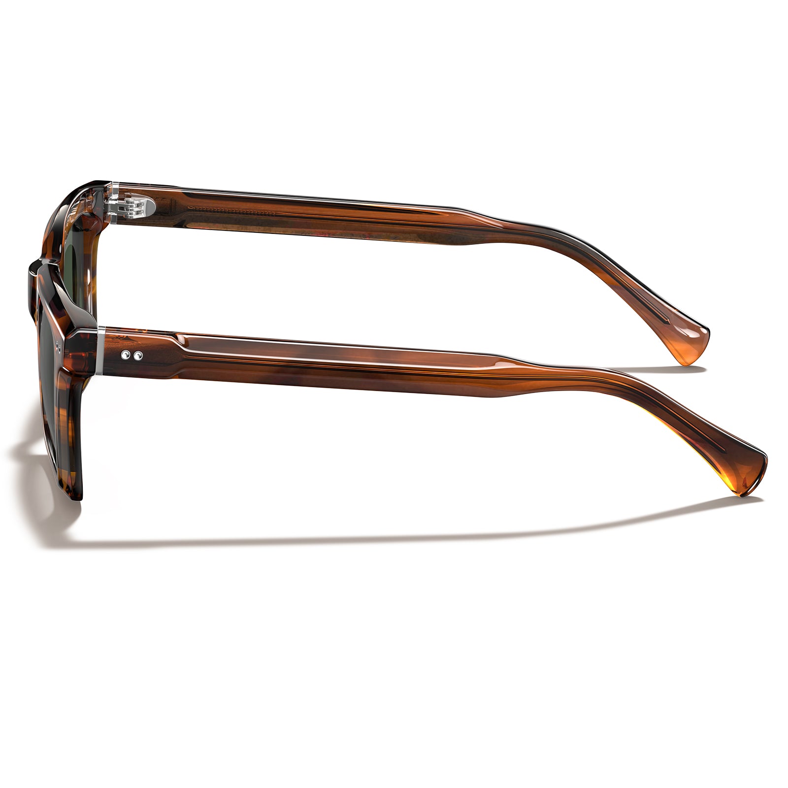 A pair of square-frame sunglasses with translucent brown and amber tortoiseshell acetate arms, shown from a side profile on a clean white background.