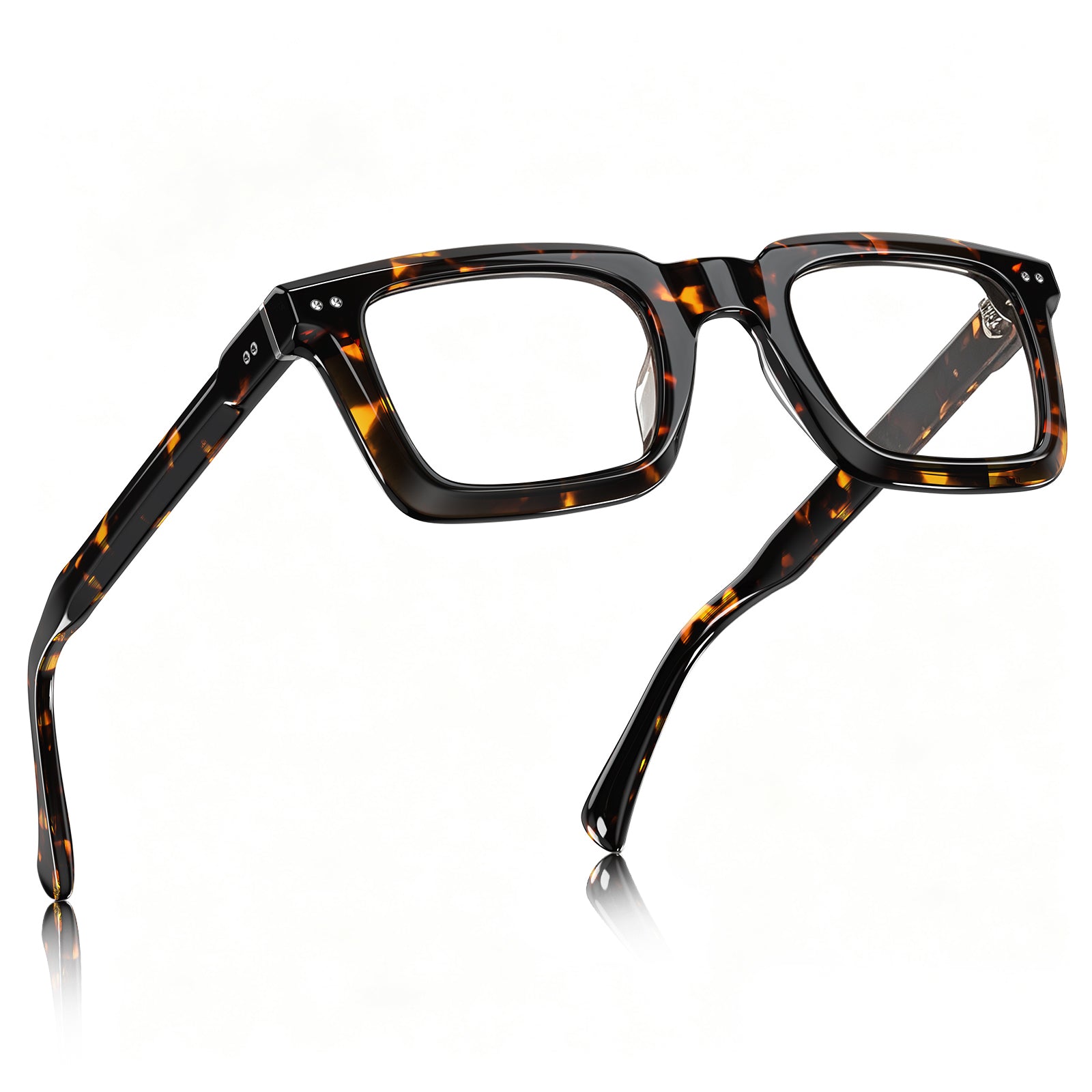 Faux tortoiseshell eyeglass frames with a glossy black and amber-brown pattern