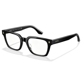 Black rectangular eyeglasses with clear lenses and gold CAPRA branding carfia Premium Italian Acetate Eyeglasses Timeless Black Frame Design angle