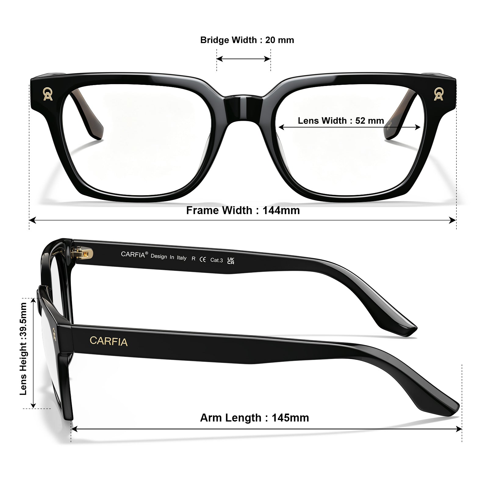 carfia Premium Italian Acetate Eyeglasses Timeless Black Frame Design sizes