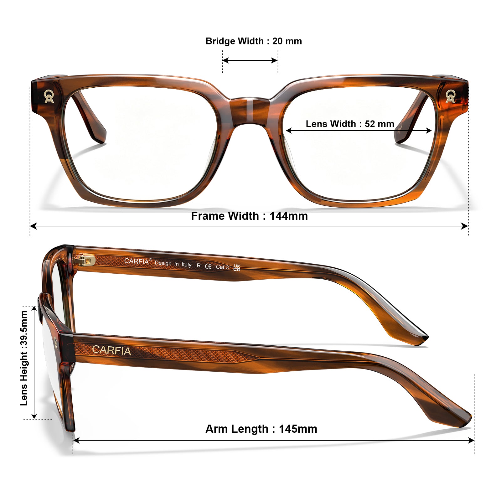 Front and side views of brown tortoiseshell square eyeglasses with measurement annotations for bridge width, lens width, frame width, lens height, and arm length on a white background.