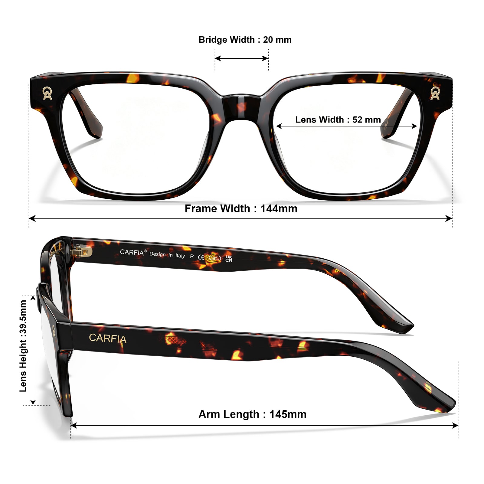 CARFIA Camet Rectangular Eyeglasses  Italian Designed Dark Tortoise Acetate Frames sizes