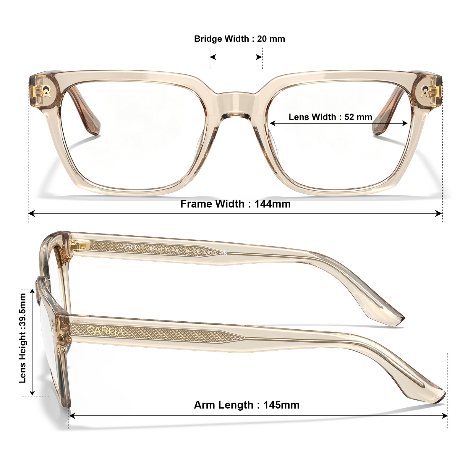 Front and side views of transparent acetate eyeglasses with dimension labels showing bridge width 20 mm, lens width 52 mm, frame width 144 mm, lens height 38.6 mm, and arm length 145 mm.