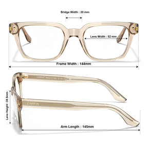 Front and side views of transparent acetate eyeglasses with dimension labels showing bridge width 20 mm, lens width 52 mm, frame width 144 mm, lens height 38.6 mm, and arm length 145 mm.
