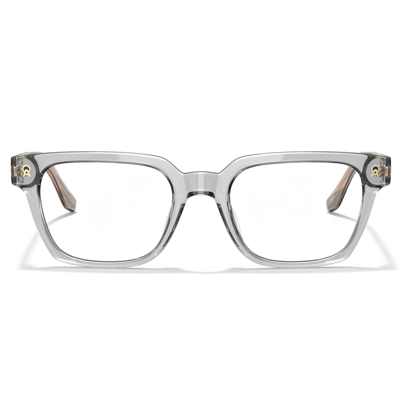 Clear acetate eyeglass frames with a thick square border and small gold decorative details on the temples carfia weyeglasses