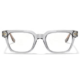 Clear acetate eyeglass frames with a thick square border and small gold decorative details on the temples carfia weyeglasses
