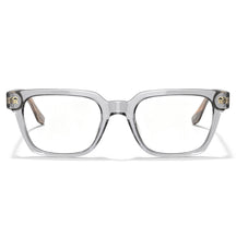 Clear acetate eyeglass frames with a thick square border and small gold decorative details on the temples carfia weyeglasses