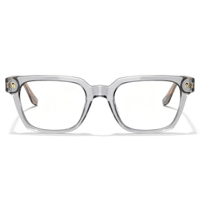 Clear acetate eyeglass frames with a thick square border and small gold decorative details on the temples carfia weyeglasses