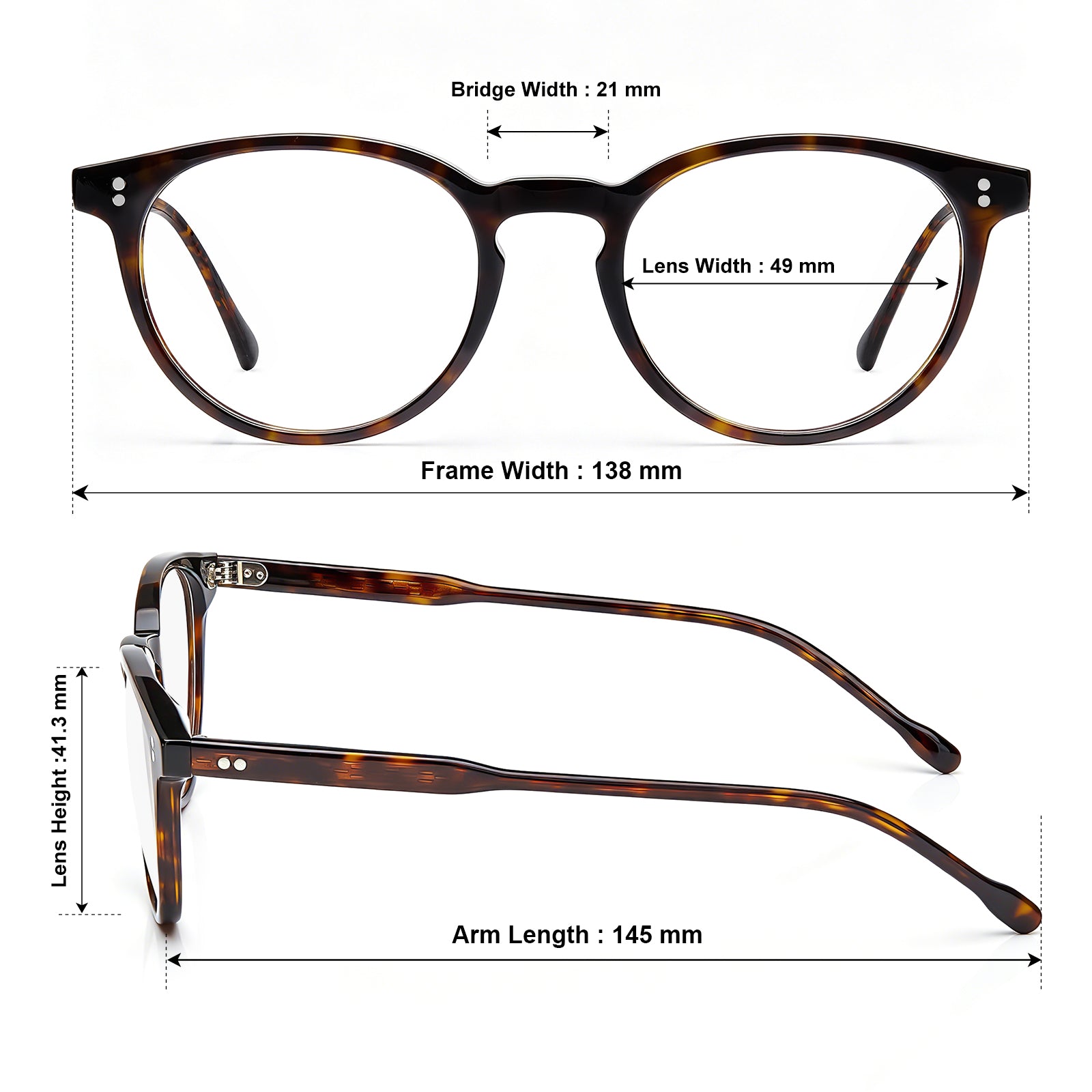 CARFIA Vinyl FC03 prescription glasses Tortoise Round Acetate Eyeglasses sizes