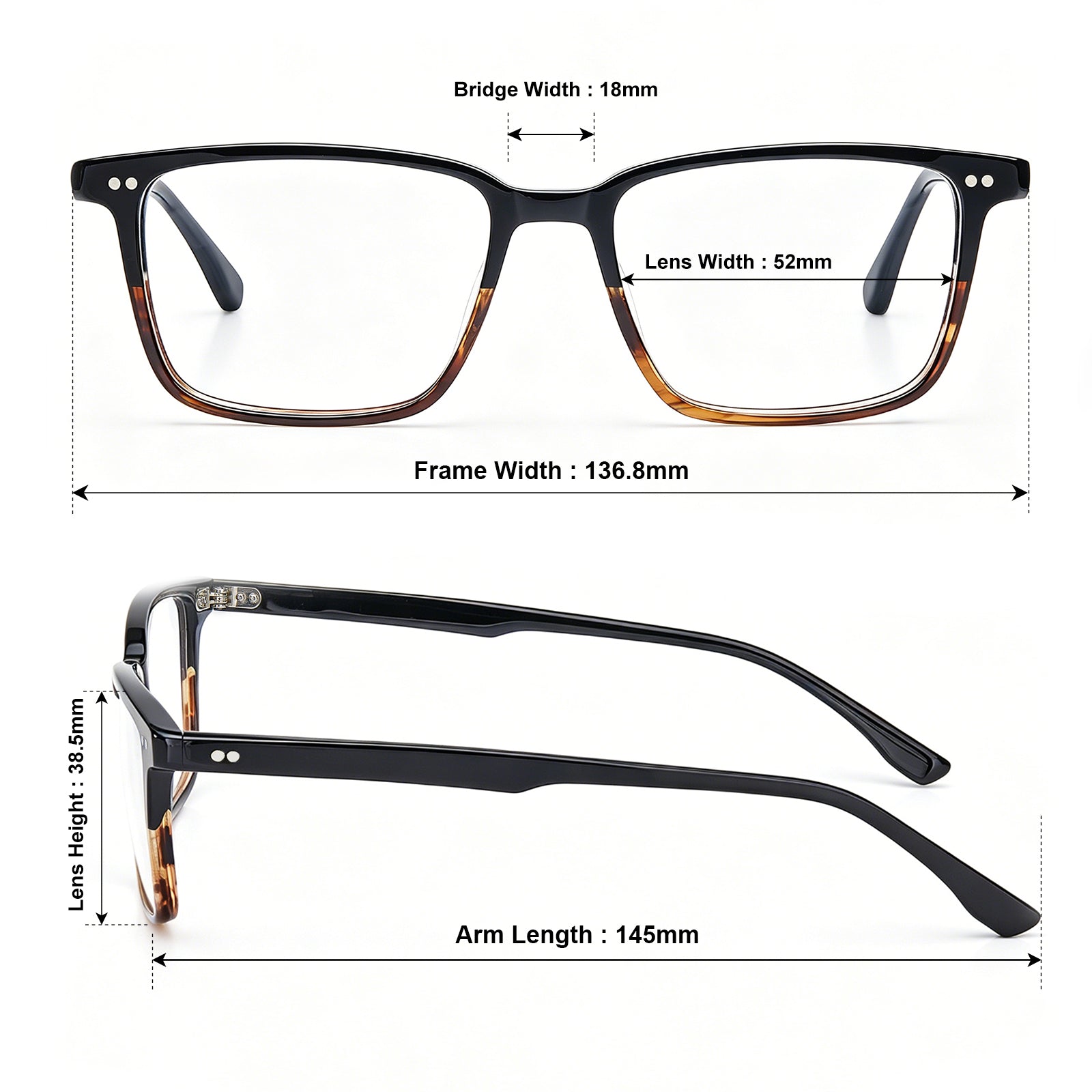 CARFIA Martia Square Eyeglasses in Black Tortoise rx glasses sizes