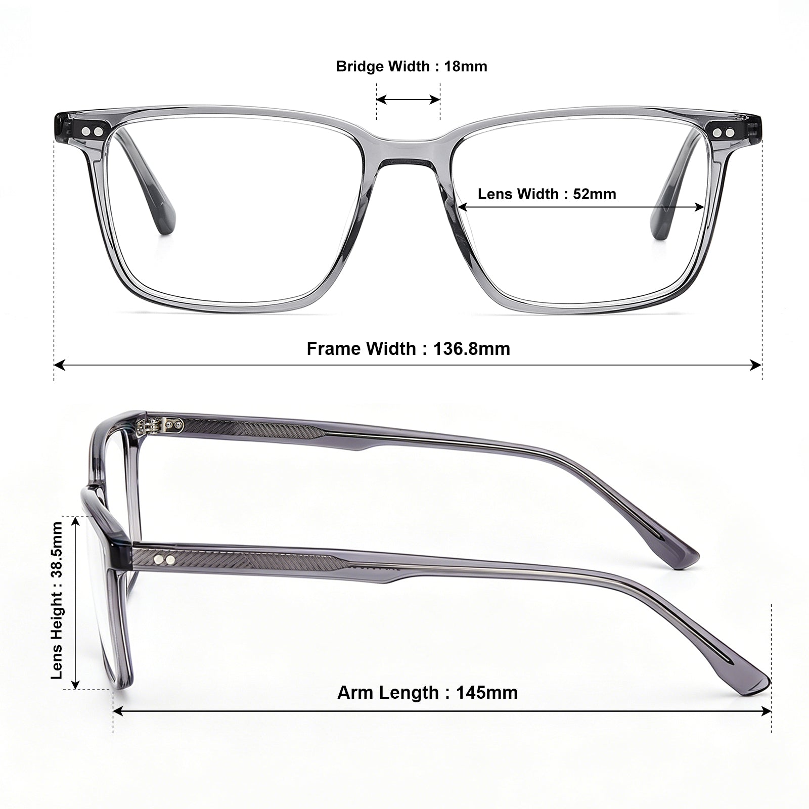 CARFIA Martia eyeglasses size chart – 52mm lens width, 136.8mm frame width, 18mm bridge sizes