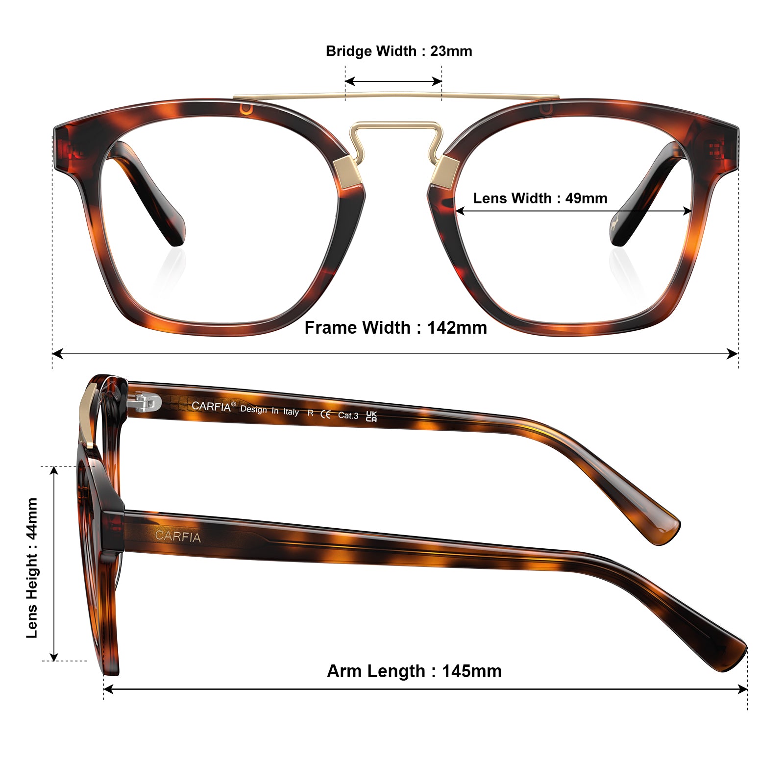 CARFIA Queen Tortoiseshell Acetate Eyeglasses Double Bridge Women's Frames sizes