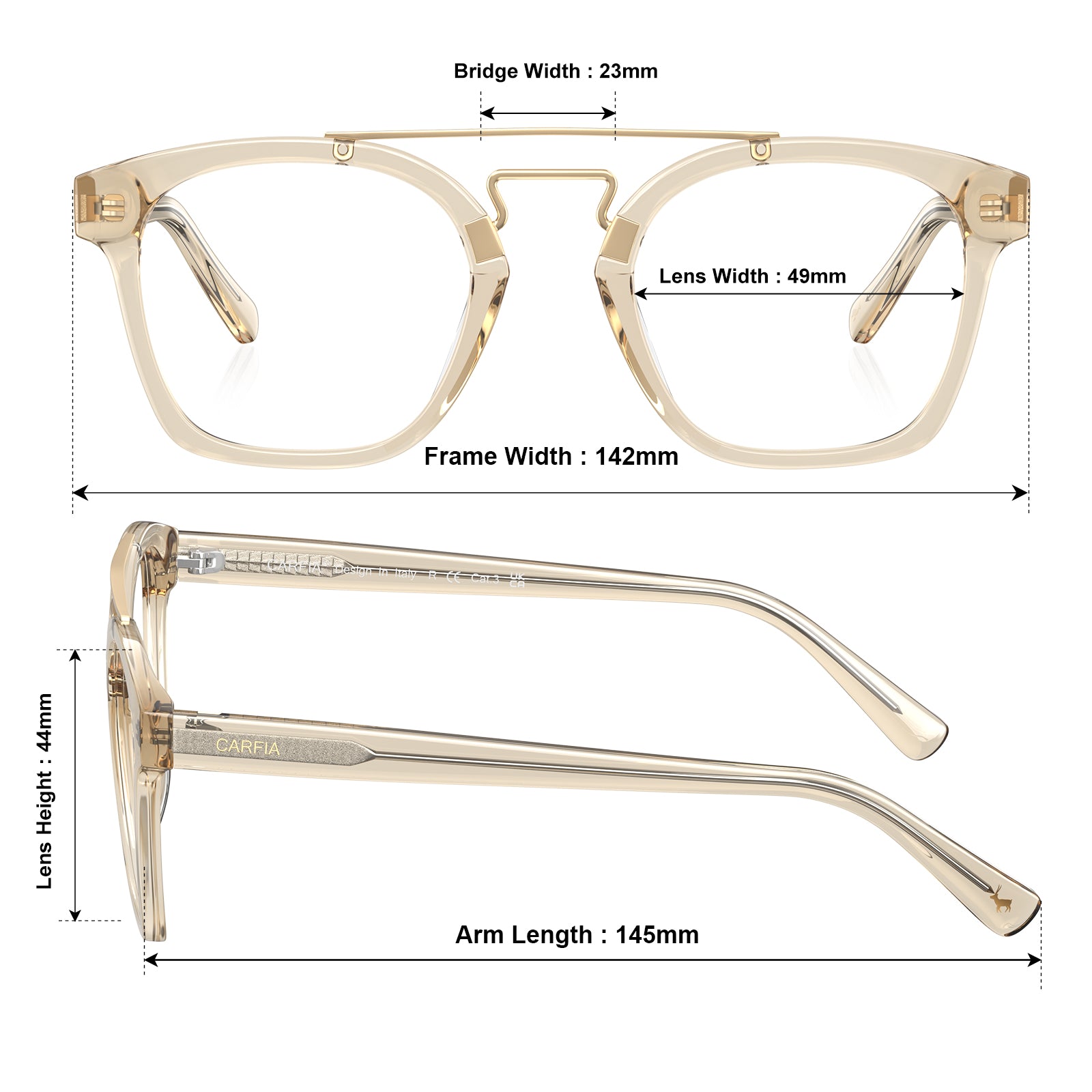 CARFIA Queen clear gold Acetate Eyeglasses Double Bridge Women's Frames CA5399 size