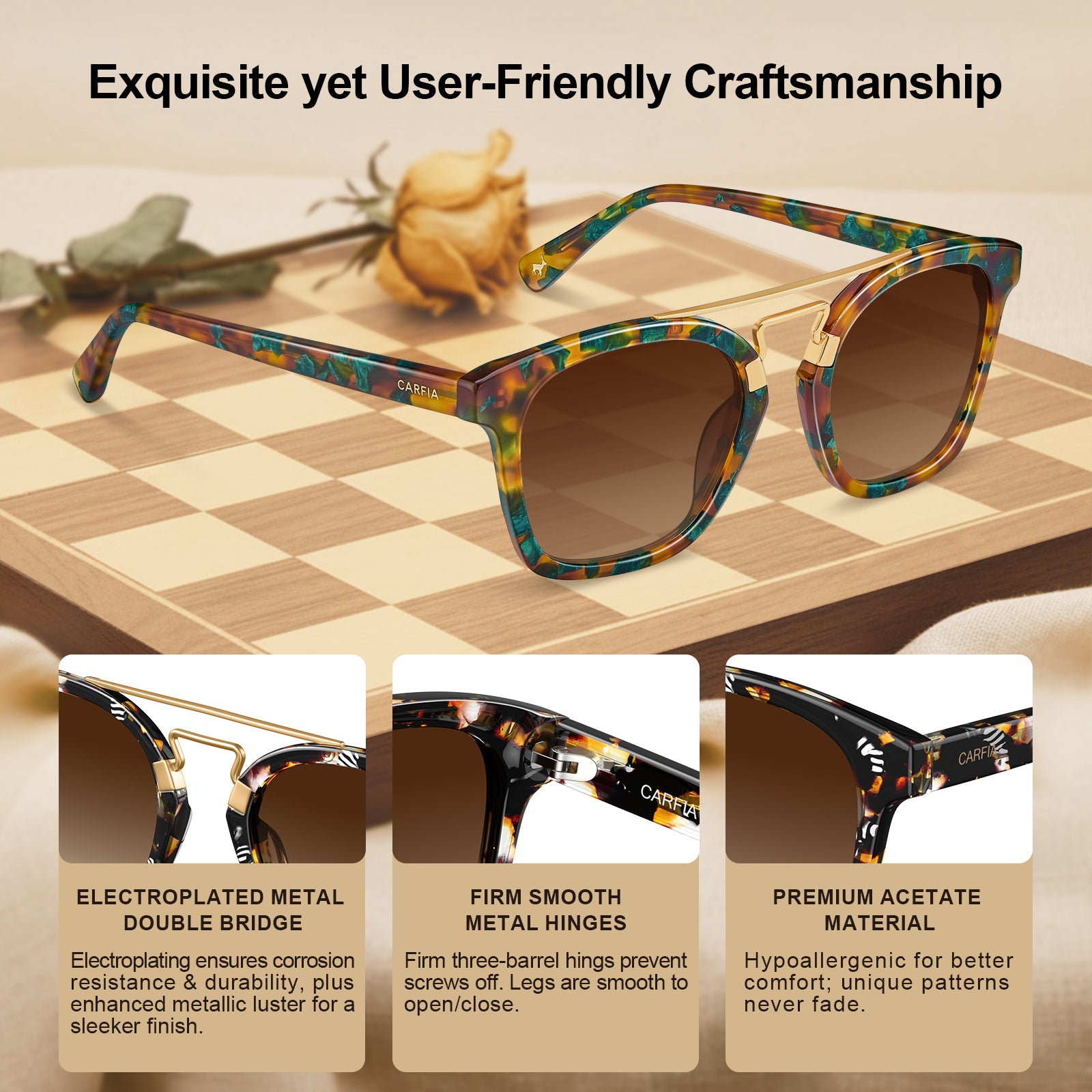 CARFIA Retro Polarized Sunglasses Womens UV400 Protection Double Metal Bridge details