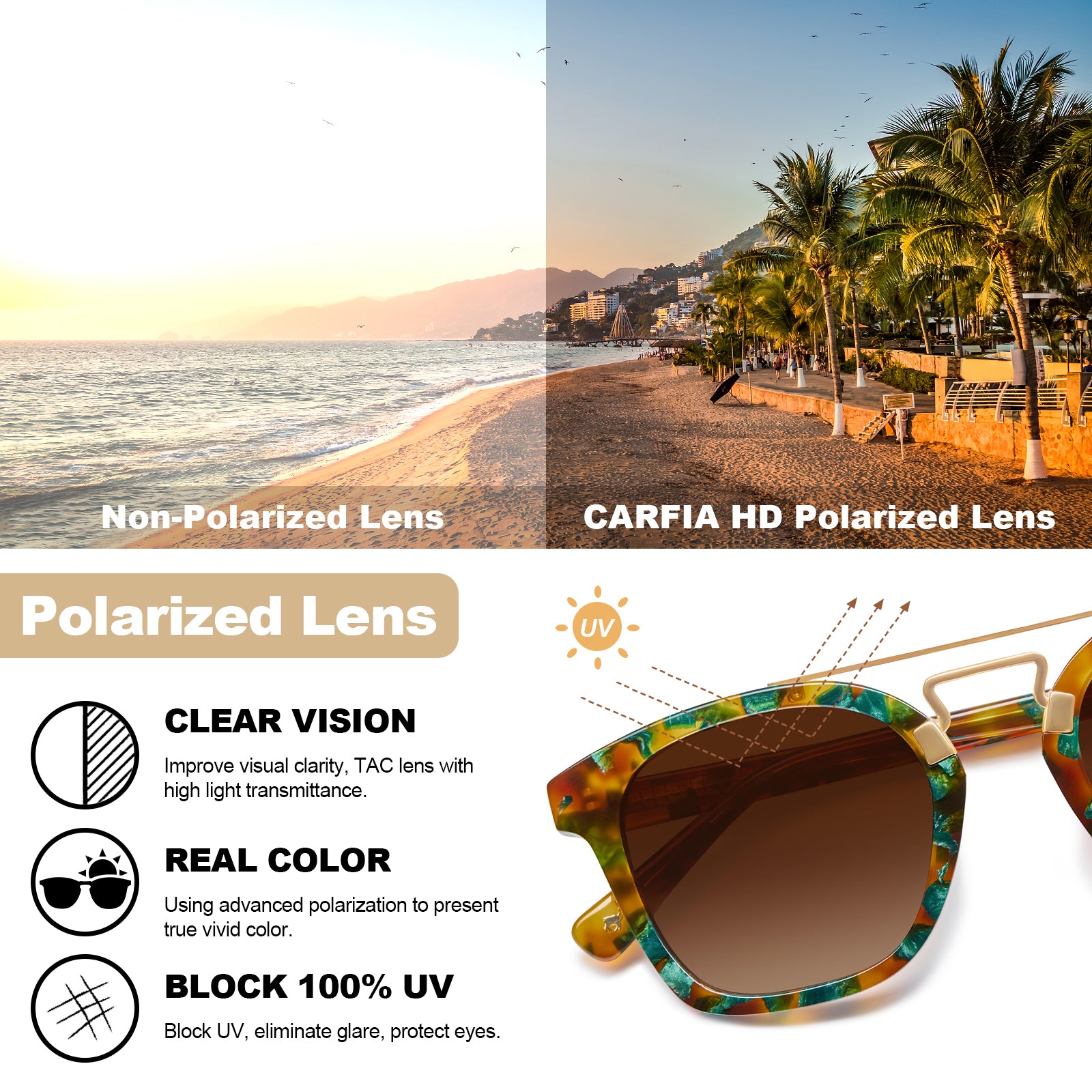 CARFIA Retro Polarized Sunglasses Womens UV400 Protection Double Metal Bridge polarized lens
