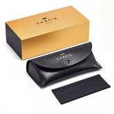 A black leather Carfia eyeglasses case with a gold logo, shown alongside its gold and black branded box and a black microfiber cleaning cloth 