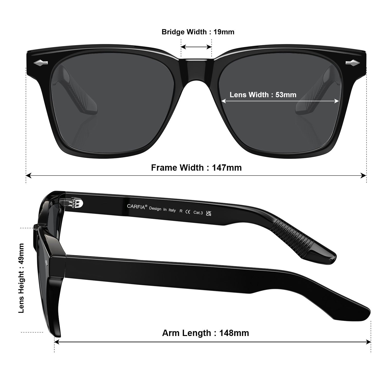 Carfia Peoria-C1 Black Heart Polarized Sunglasses for Men, sizes view