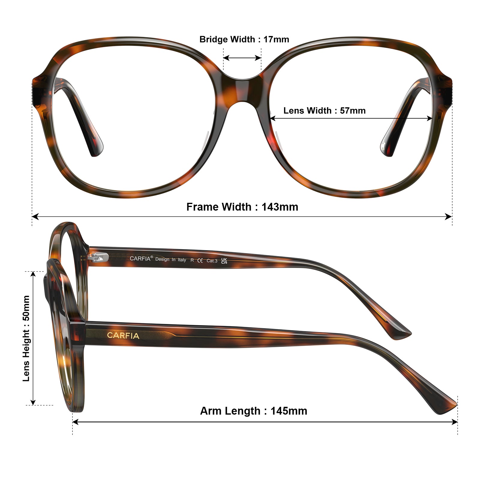 Carfia  Acetate eyeglasses women Optical Frames Oversized Square brown Tortoiseshell Eyeglasses size