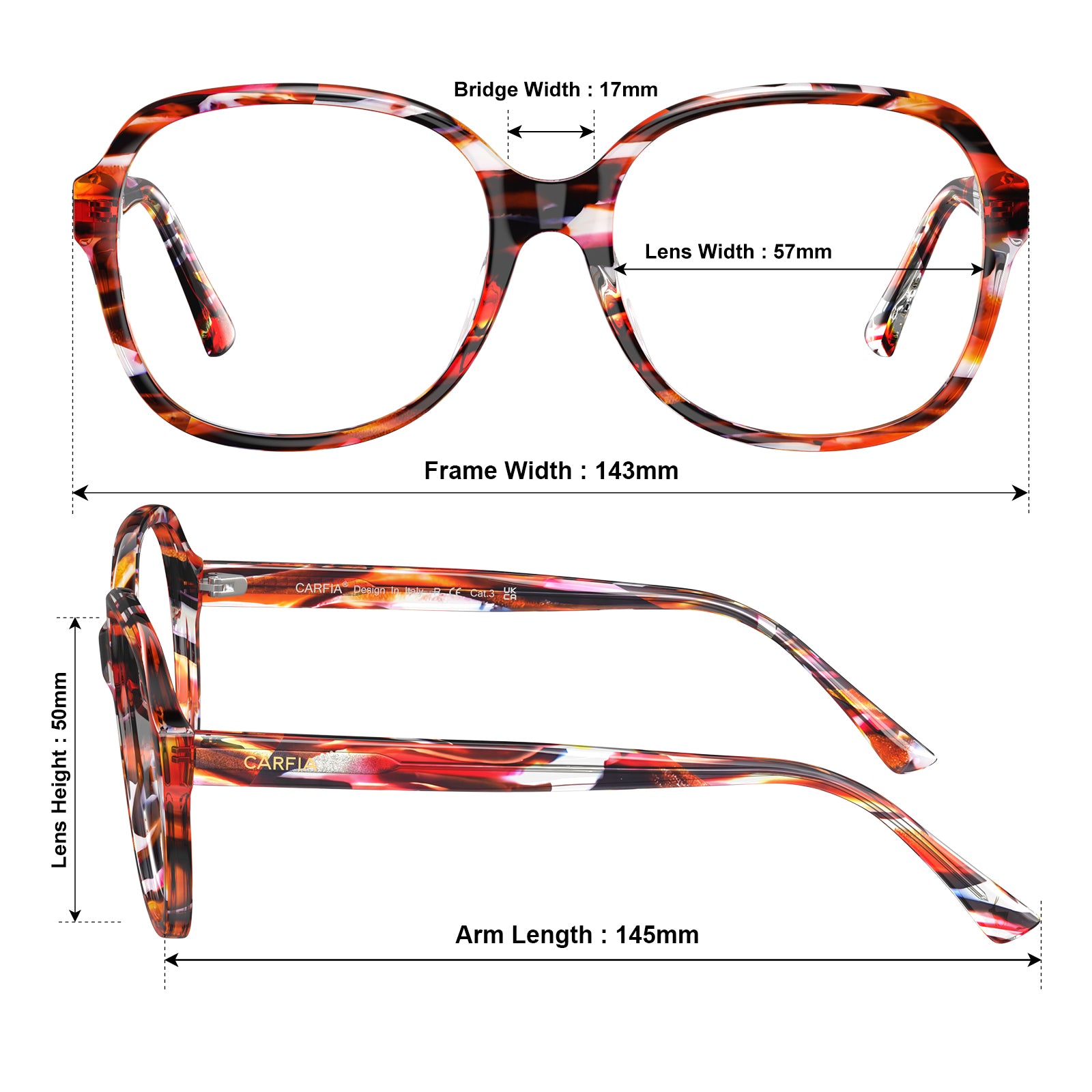 Carfia Italian Acetate Optical Frames Oversized Square Red Tortoiseshell Eyeglasses for Women sizes