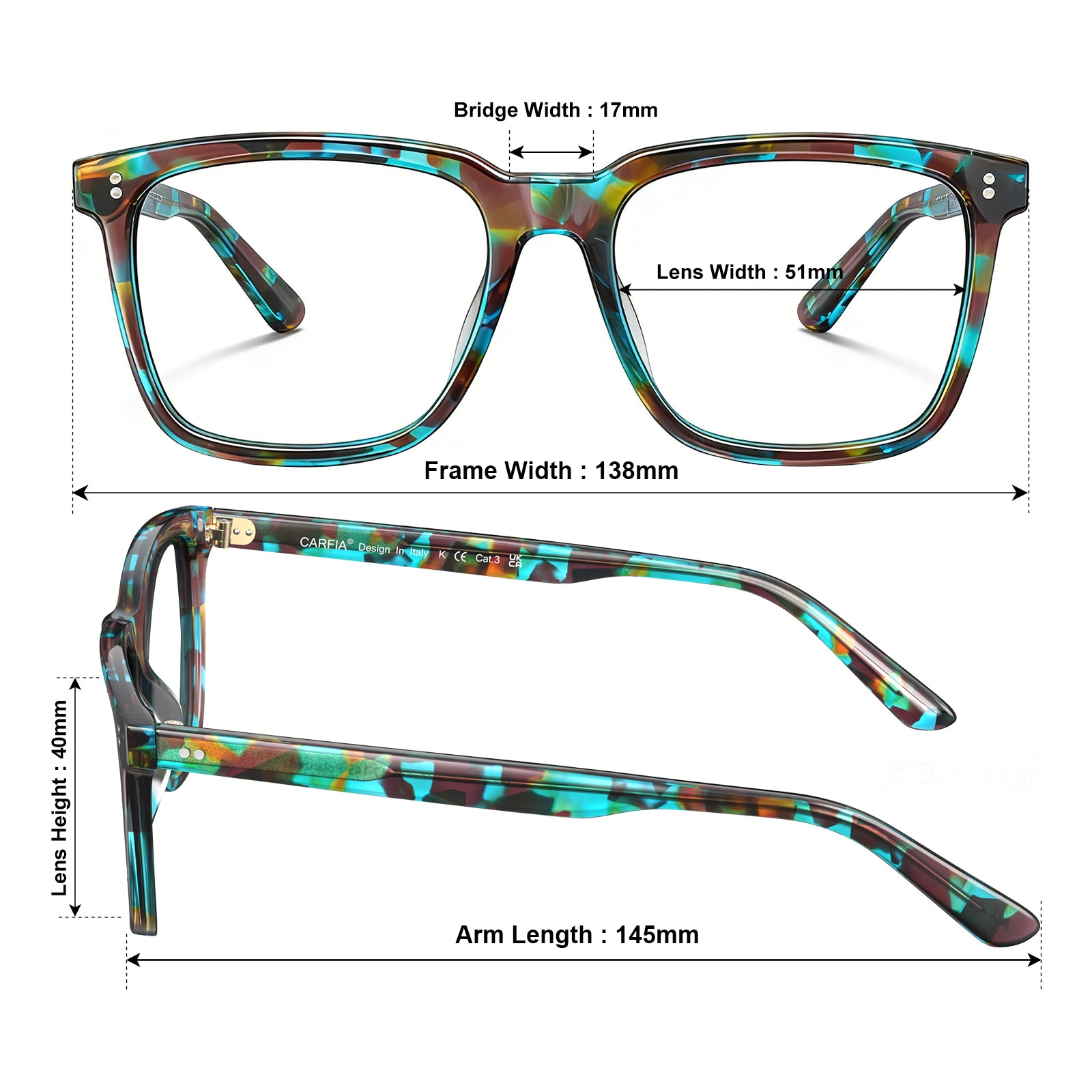 Carfia Kenosha Square Eyeglasses Bold Tortoise Pattern Timeless Style frame sizes