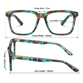 Carfia Kenosha Square Eyeglasses Bold Tortoise Pattern Timeless Style frame sizes