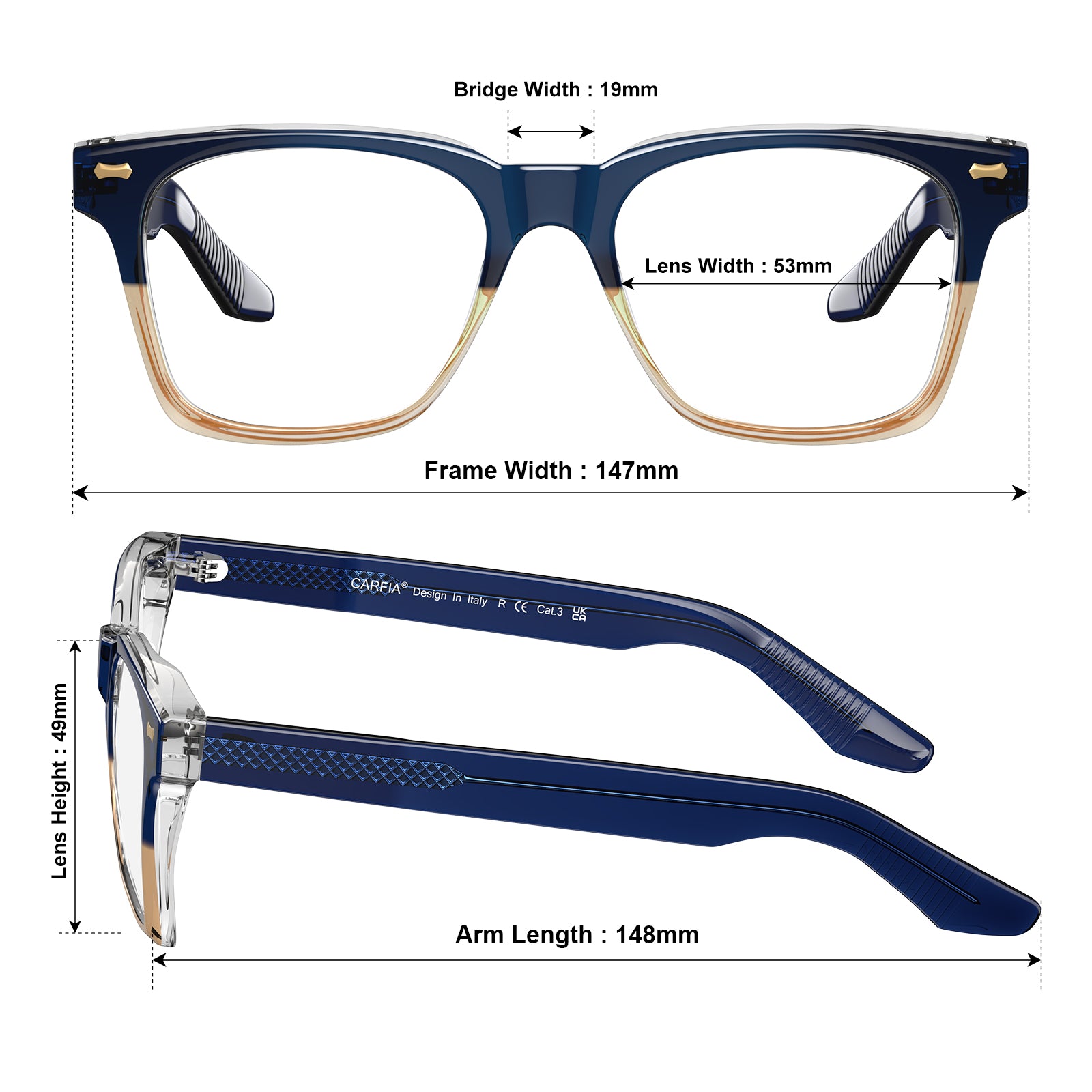 Carfia Men's Large Eyeglasses Italian Design Frame Blue Light Blocking Eyewear sizes