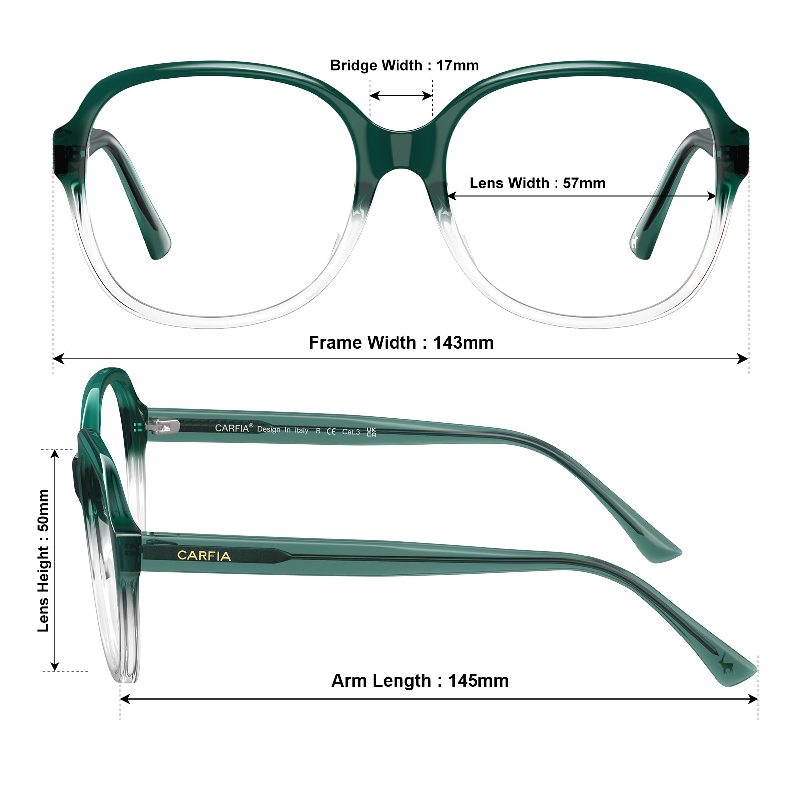 Carfia Oversized Green Eyeglasses Women | Italian Acetate Square Frames sizes
