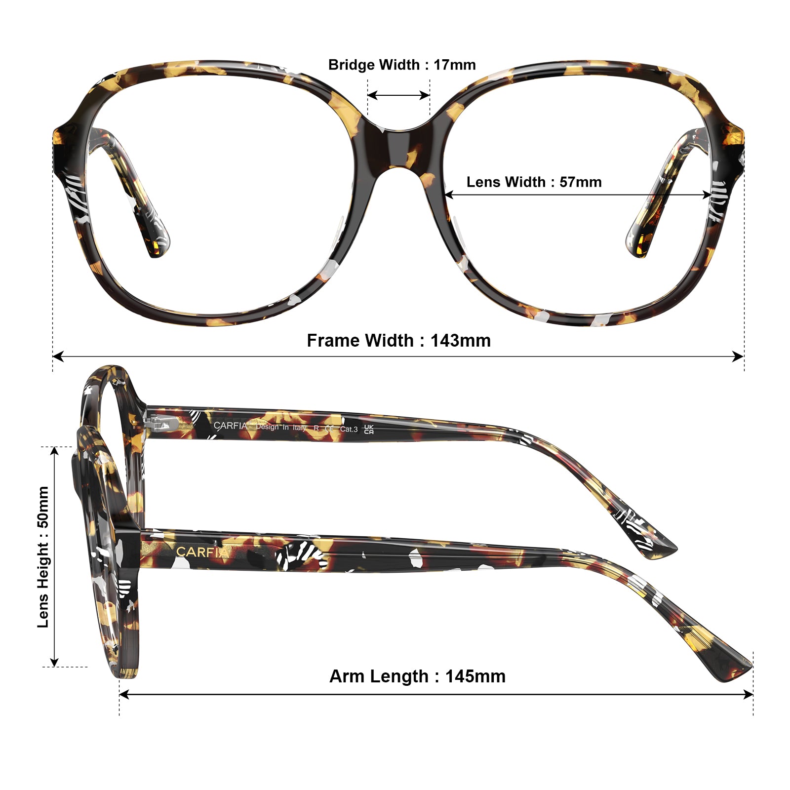 Carfia Oversized Tortoise Yellow Acetate Eyeglasses Women Italian handmade Square Frames size