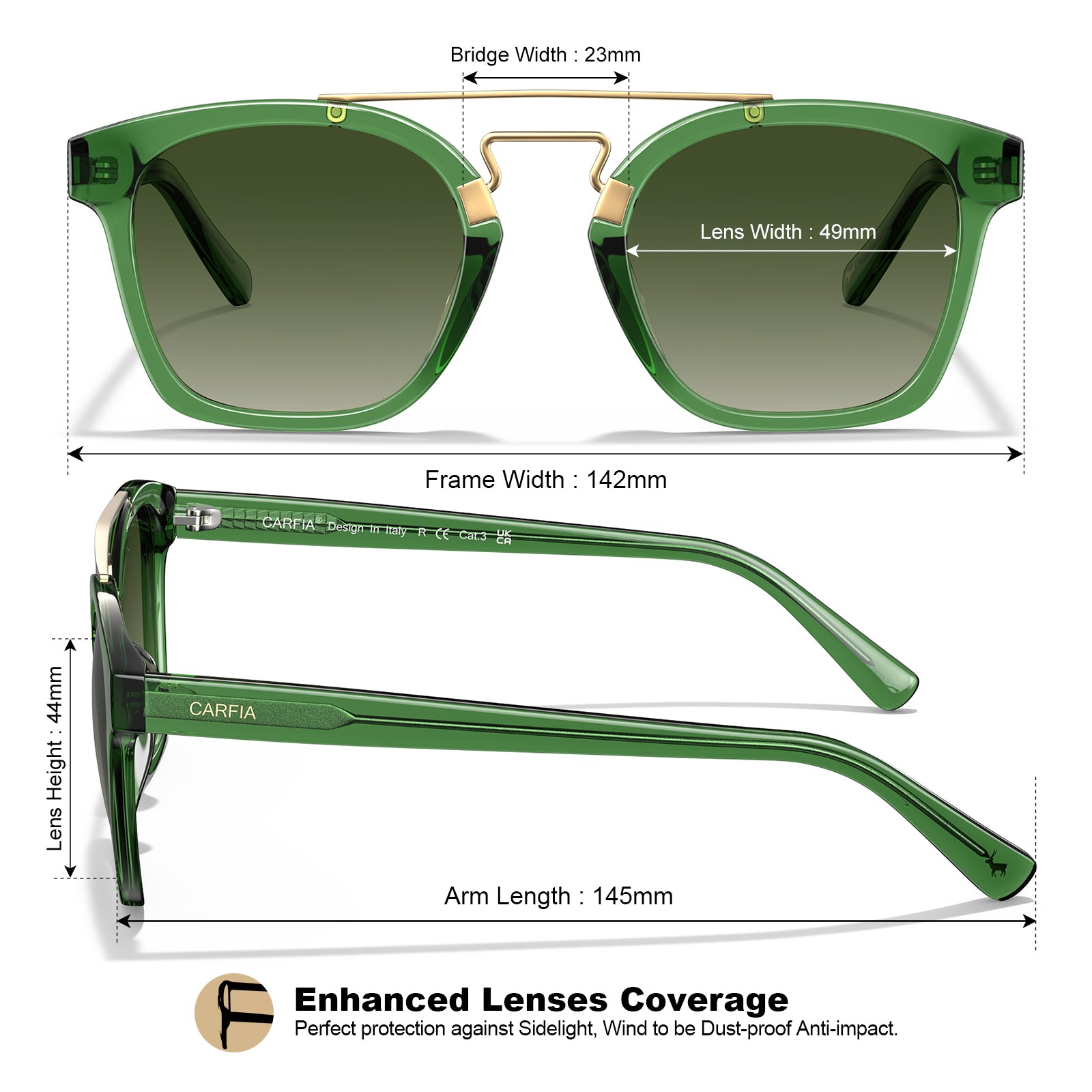 Carfia Retro Square Sunglasses Women Men UV400 Double Bridge Acetate Sun glasses size