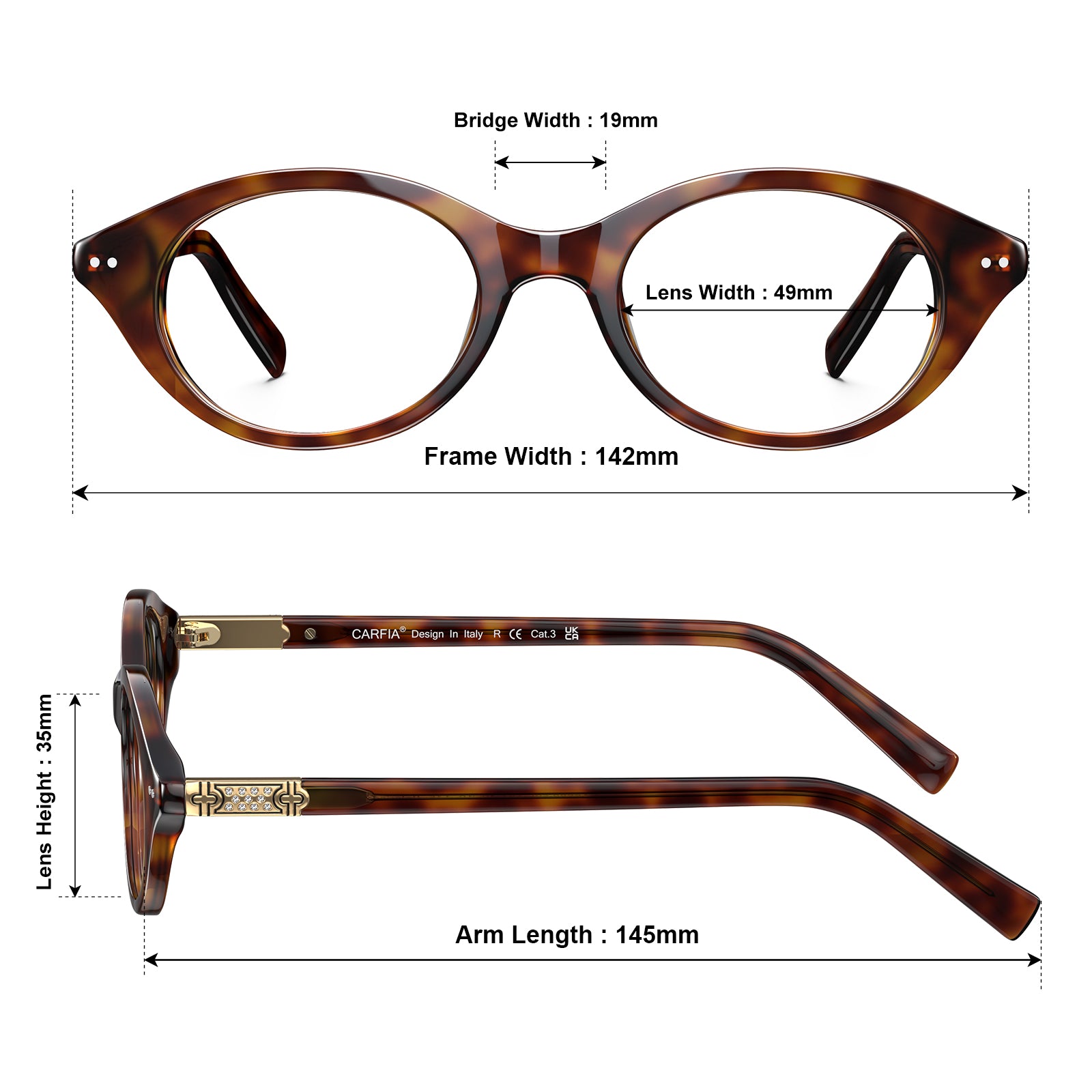 Carfia Tortoise Oval Acetate Eyeglasses  Italian Design Premium eyewear Frames size